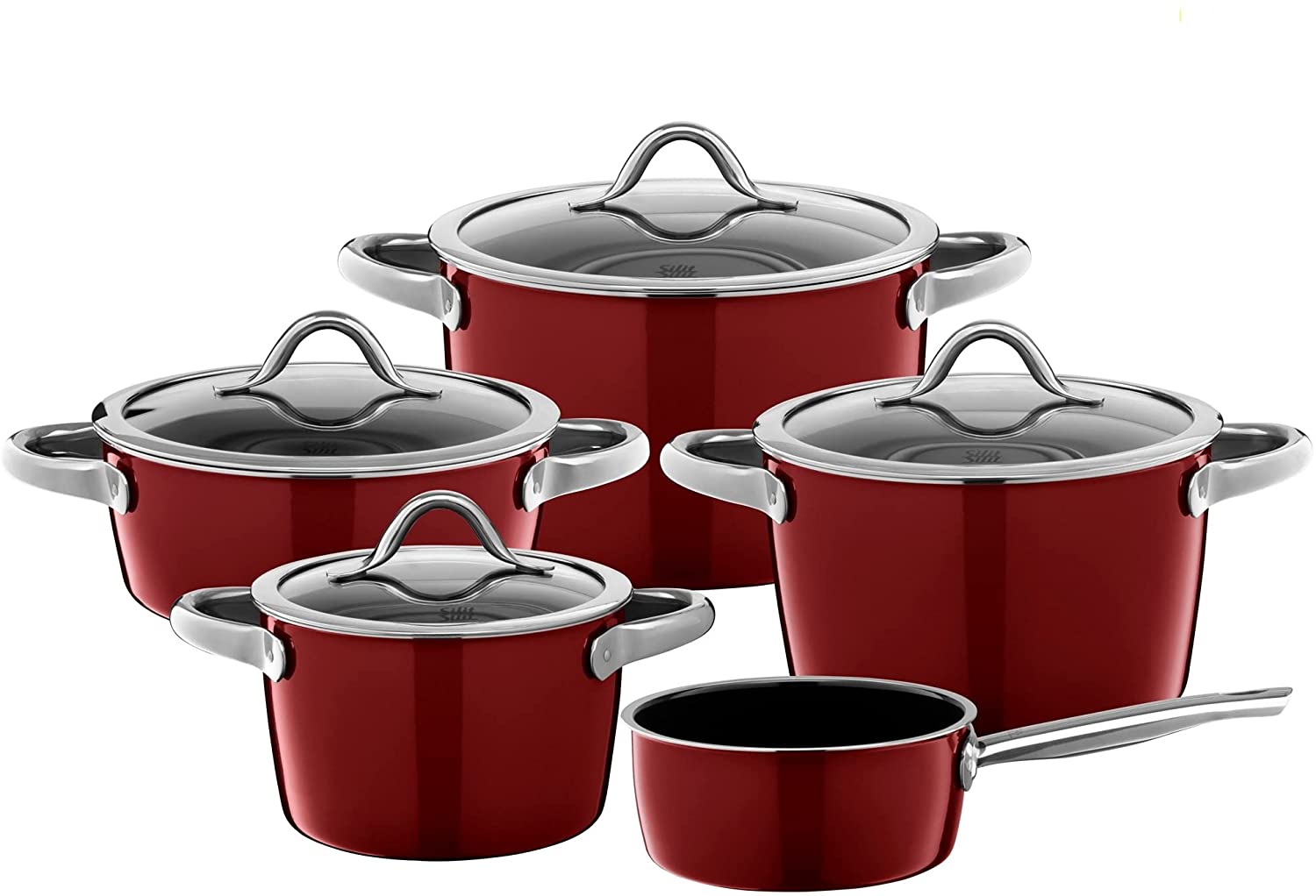 Silit Vitaliano Rosso Induction Cooking Pot Set with Glass Lid, Silargan Functional Ceramic, Induction Pots Set, Nickel-Free, Dark Red