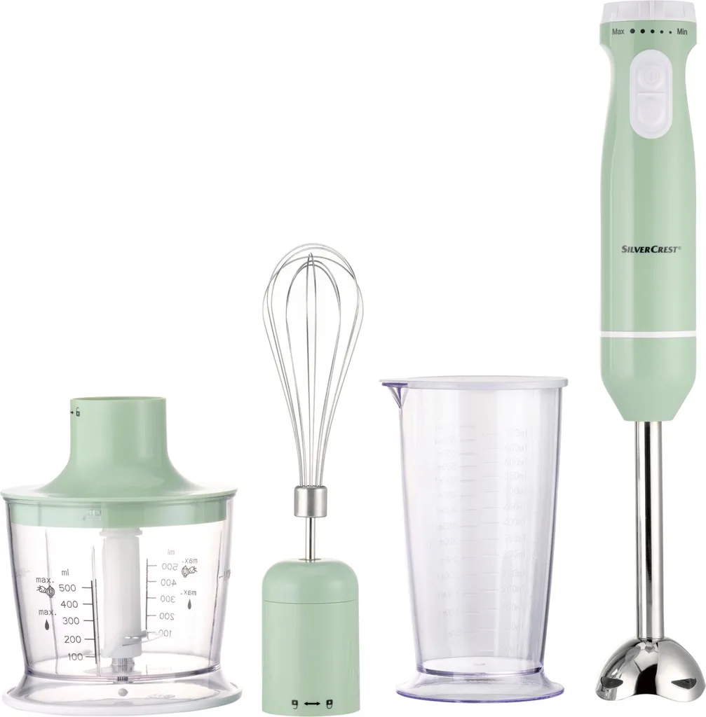 SILVERCREST 3 in 1 Hand Blender Set, Continuously Adjustable Mixer, 600 Watts, Mint