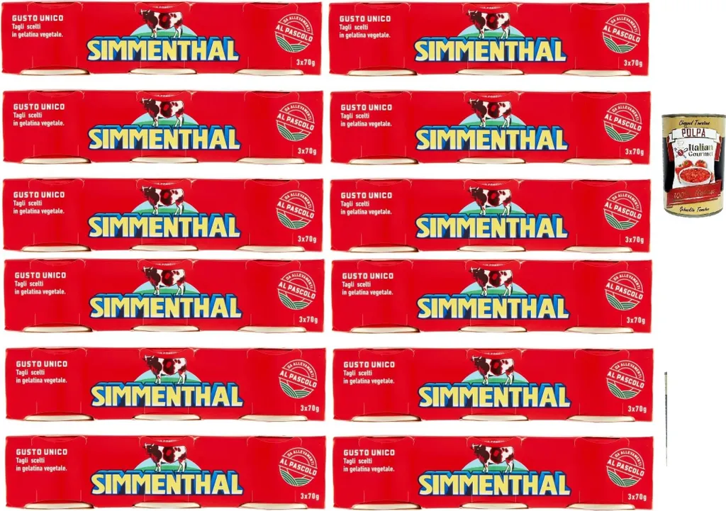 SIMMENTHAL carne in scatola, beef in aspic 12x (3x 70g) 100% Italian meat Aspic meat + Italian Gourmet polpa 400g