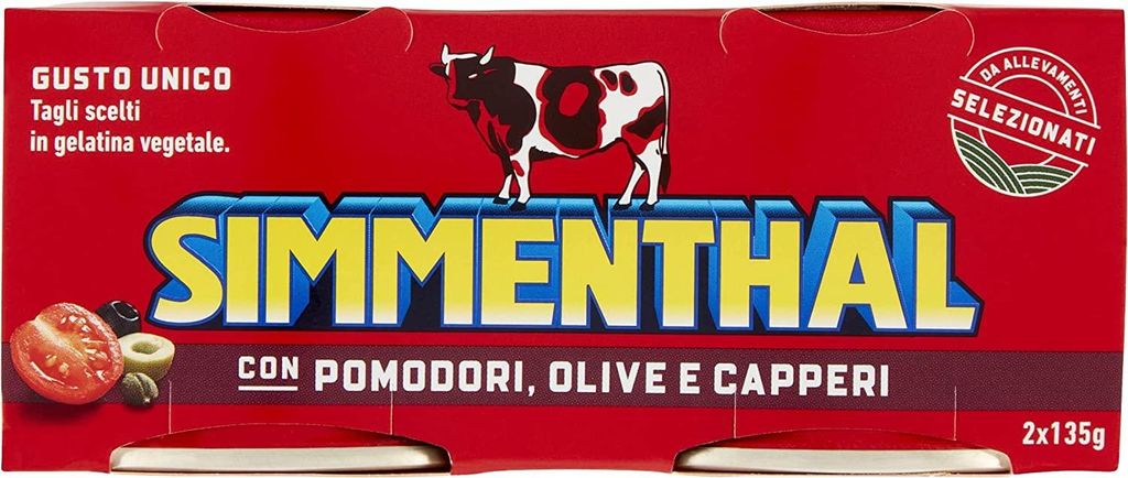 Simmenthal con Pomodori Olive e Capperi Ready meal made from beef in vegetable jelly Canned meat with tomatoes, olives and capers (2 x 135g) 270g