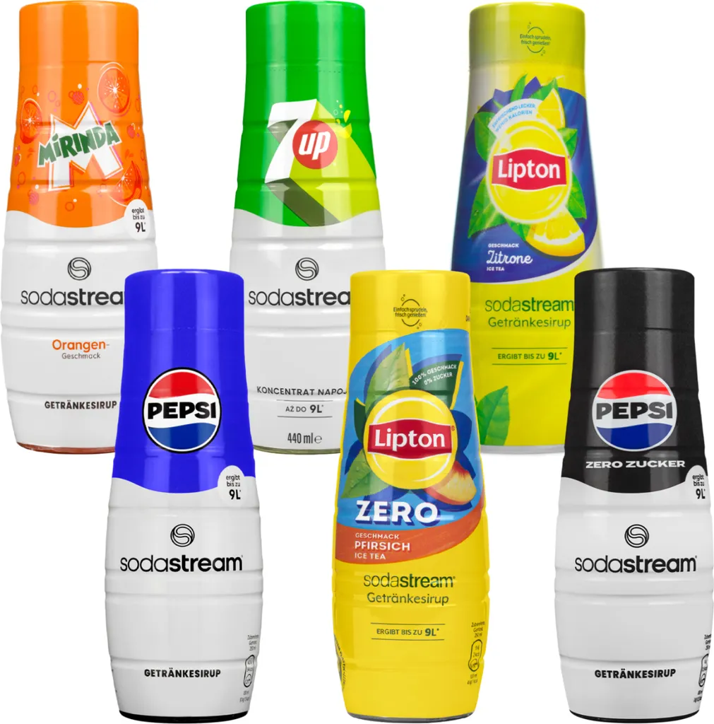 Syrup SodaStream Pepsi, Pepsi Max Light, 7UP Free Zero Sugar, Mirinda, Lipton Ice Tea Peach Zero, Lipton Ice Tea Lemon 440ml, 6 pieces