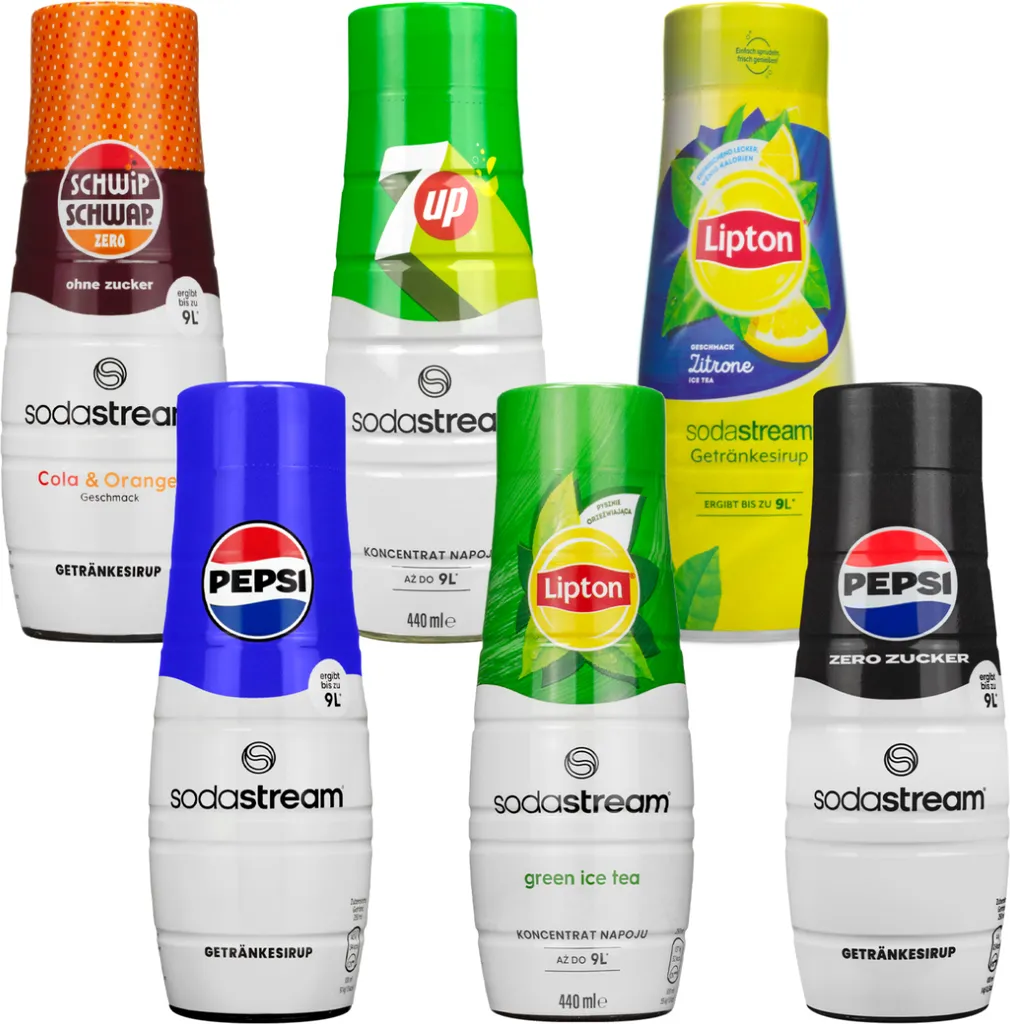 Syrup SodaStream Pepsi, Pepsi Max Light,, 7UP, Schwip Schwap No Sugar, Lipton Ice Tea Green Tea with Citrus, Lipton Ice Tea Lemonade, 440ml, 6 pieces
