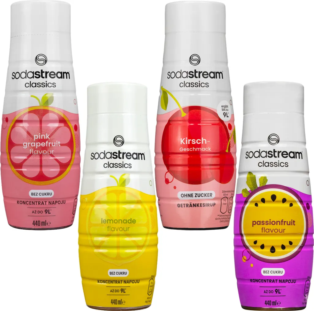 Syrup SodaStream Pink Grapefruit Zero, Lemon Zero, Sugar Free Cherry, Passionfruit Zero, 440ml, 4 pieces