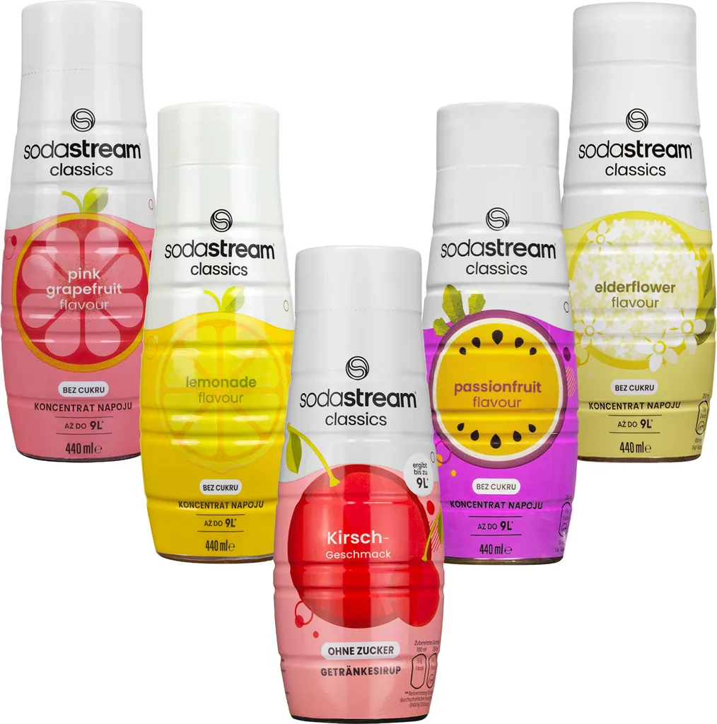 Syrup SodaStream Pink Grapefruit Zero, Lemon Zero, Sugar Free Cherry, Passionfruit Zero, Elderflower Zero, 440ml, 5 pieces