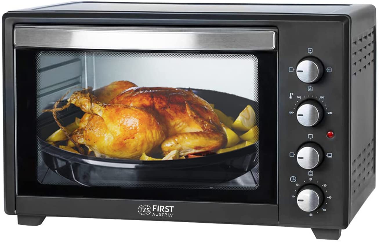 TZS First Austria - 60 Litre Mini Oven / Pizza Oven with Crumb Tray, Interior Lighting, Rotating Spit, Air Circulation Function, Space for 2 Pizzas on One Grill Shelf, Double-Glazed Door