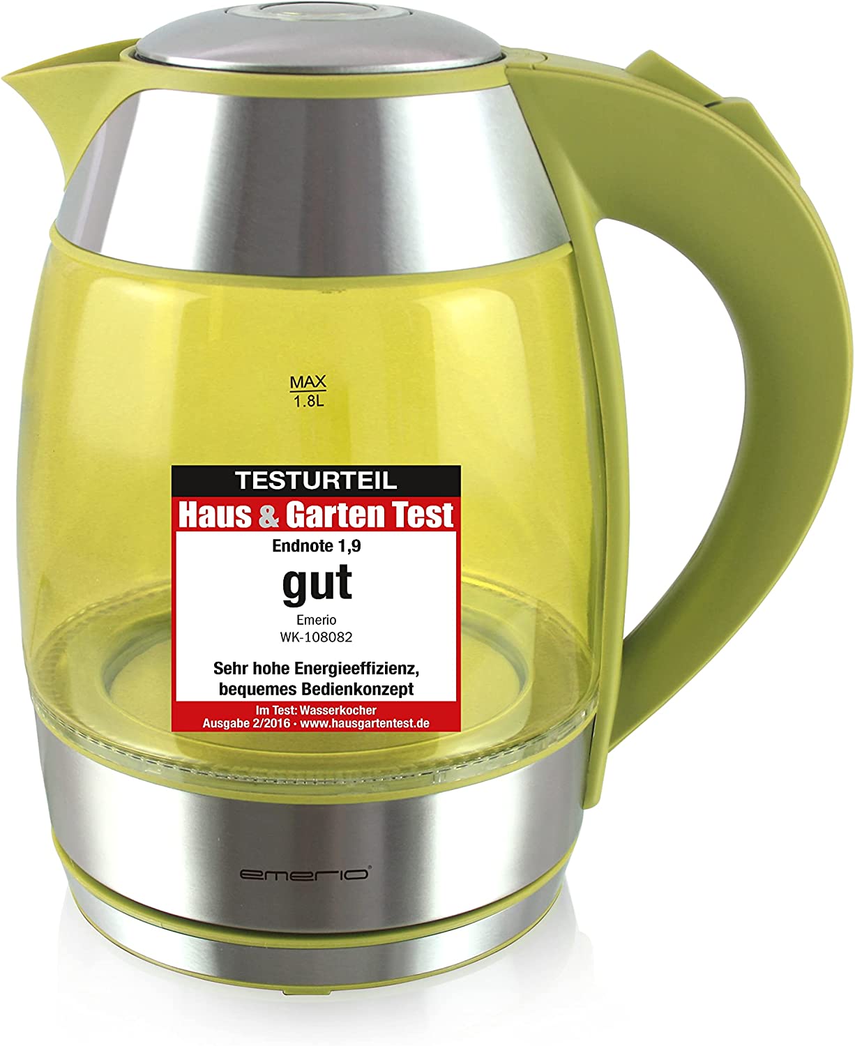 Emerio Design Glass Kettle 1.8 L, Test Good, Best Borosilicate Glass, 2200 Watt, Integrated LED Lighting, Auto Off, Overheating Protection, with High-Quality Stainless Steel Covered Heating Element