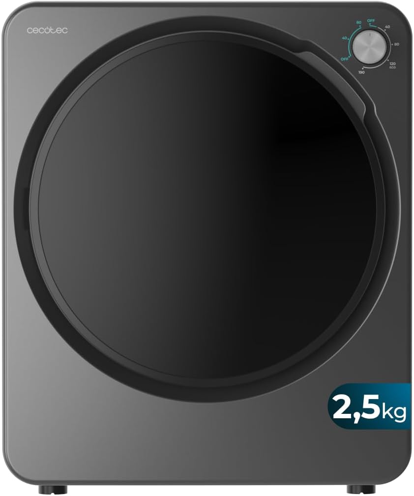Cecotec Bolero DressCode Dry Mini Tumble Dryer, 2.5 kg, 950 W, 6 Programs, ECO Program, Intuitive Knob Control, Quick Drying and Efficient, Ideal for Small Spaces, Steel