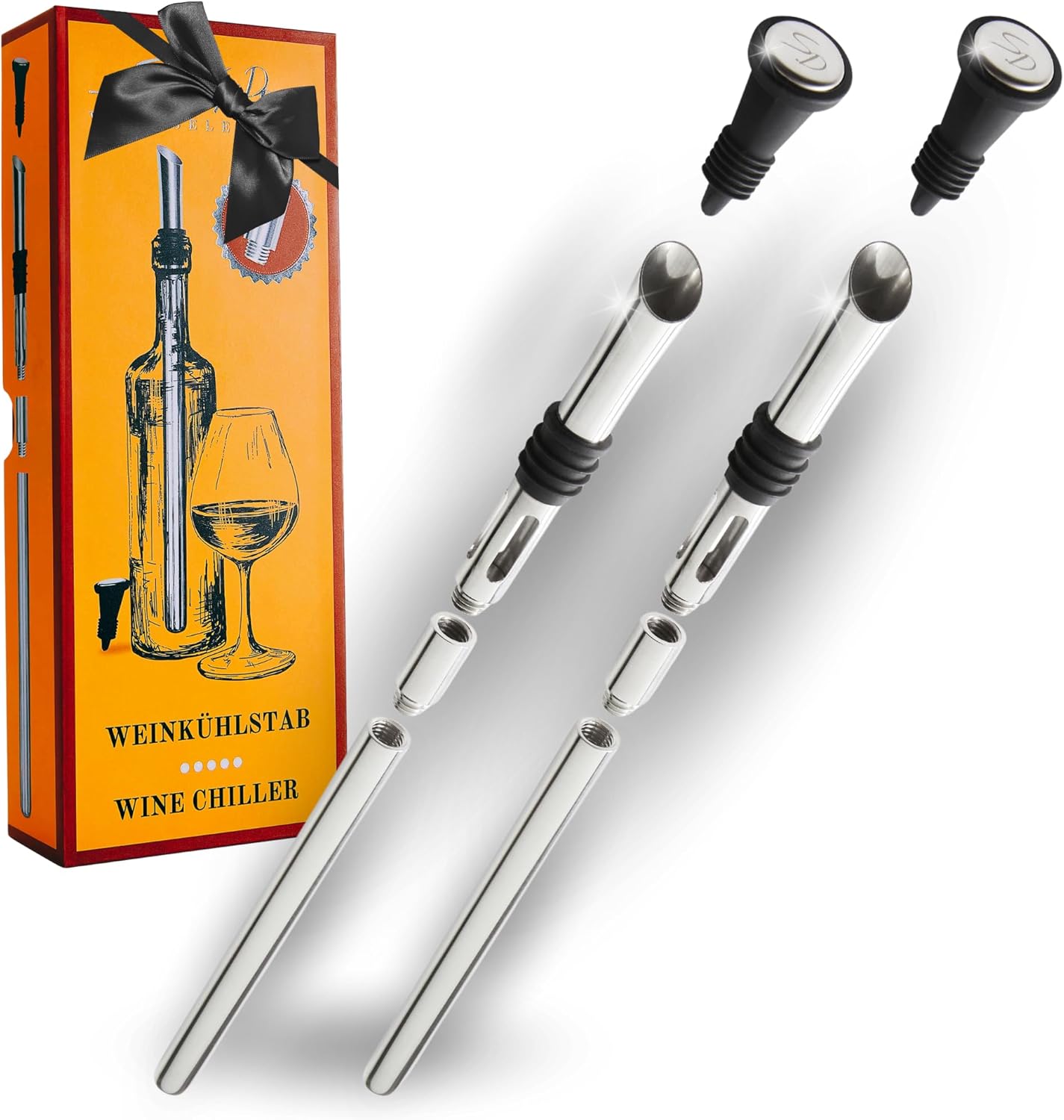 SIMPLEX DOMO 4-in-1 Premium Wine Cooling Stick, Set of 2, 100% Stainless Steel Pourer & Wine Cooler, Includes Extension & Bottle Stopper, Dishwasher Safe, Elegant Gift Box