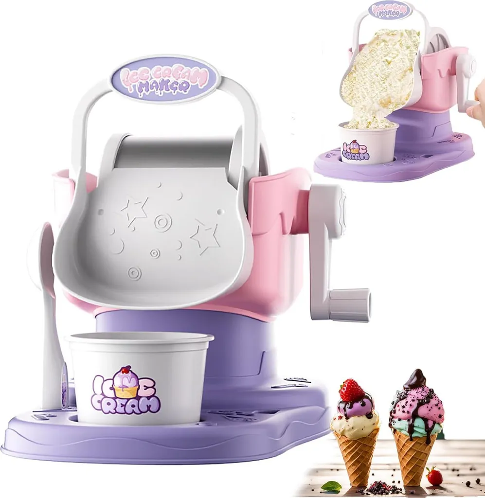 BundiGlassware Slush machine for home use, ice cream machine, slushy maker, ice shaver machine, yogurt maker, manual soft serve ice cream machine with ice box, easy to clean for fast results with frozen yogurt and ice cream