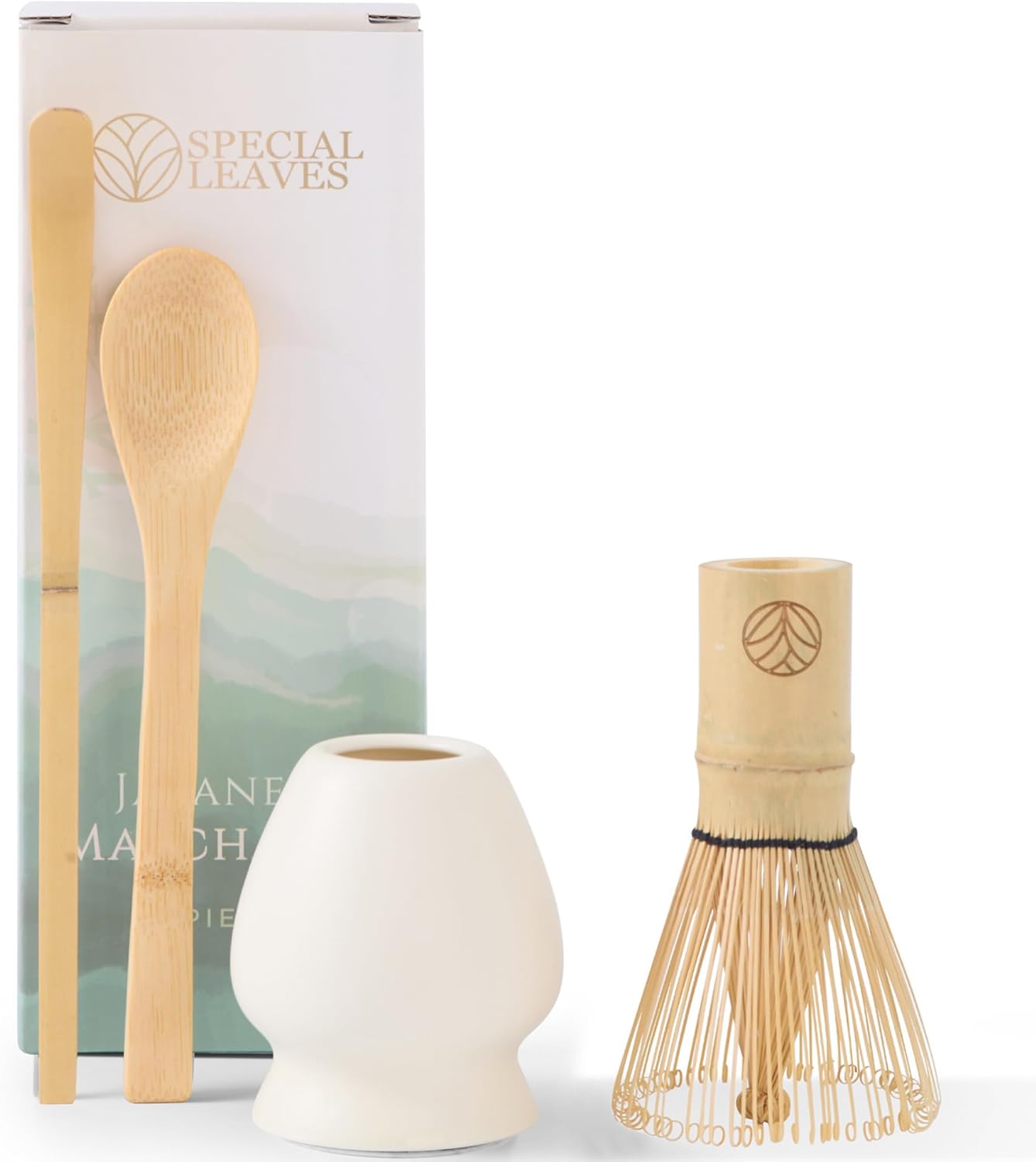 Matcha Set - White - 4-Piece Matcha Tea Set - Matcha Broom Holder, Matcha Spoon, Scoop - Premium Matcha Kit for Matcha Lovers