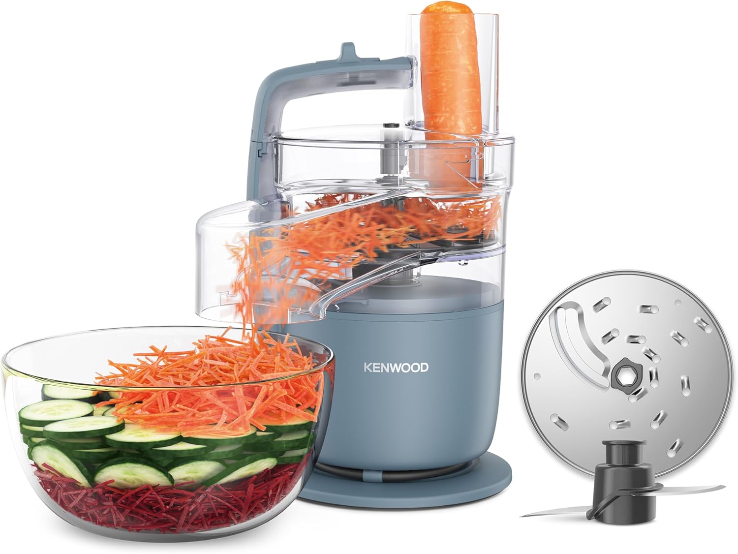 Kenwood MultiPro Go FDP22.130GY Compact Food Processor Only 30 cm High for Cutting, Grating, Pureeing and Kneading Dough, Express Serve, 1.3 L Work Container, 650 W, Blue