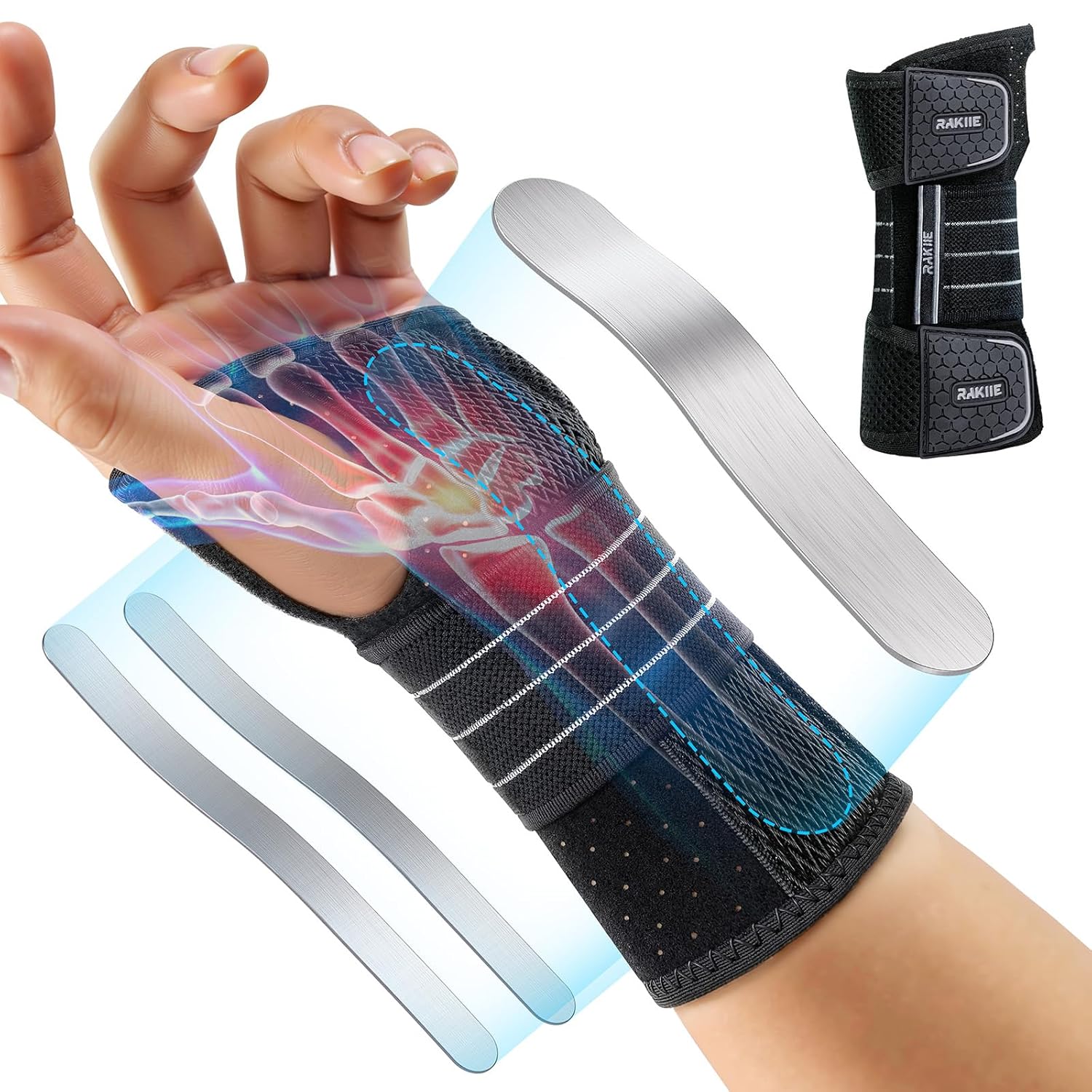 Rakiie Wrist Support, Adjustable Wrist Bandages with 3 Metal Splints, Wrist Bandage for Men and Women, No Pressure on the Thumb, Splint Stabilizer, Grey, Left Hand, L