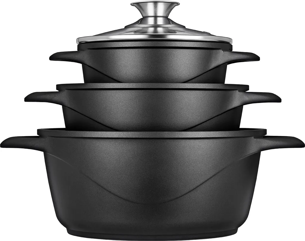 Smile MGK-18 6-piece cast aluminum cookware set with ILAG non-stick coating – induction compatible, oven safe, includes glass lids and silicone gloves, black