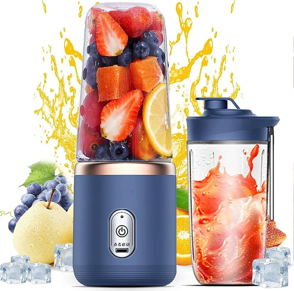 QINOJA Smoothie Maker, Portable Blender, Stand Mixer, 400ML Electric Maker, USB Rechargeable, with 2 Mixing Cups, Blue