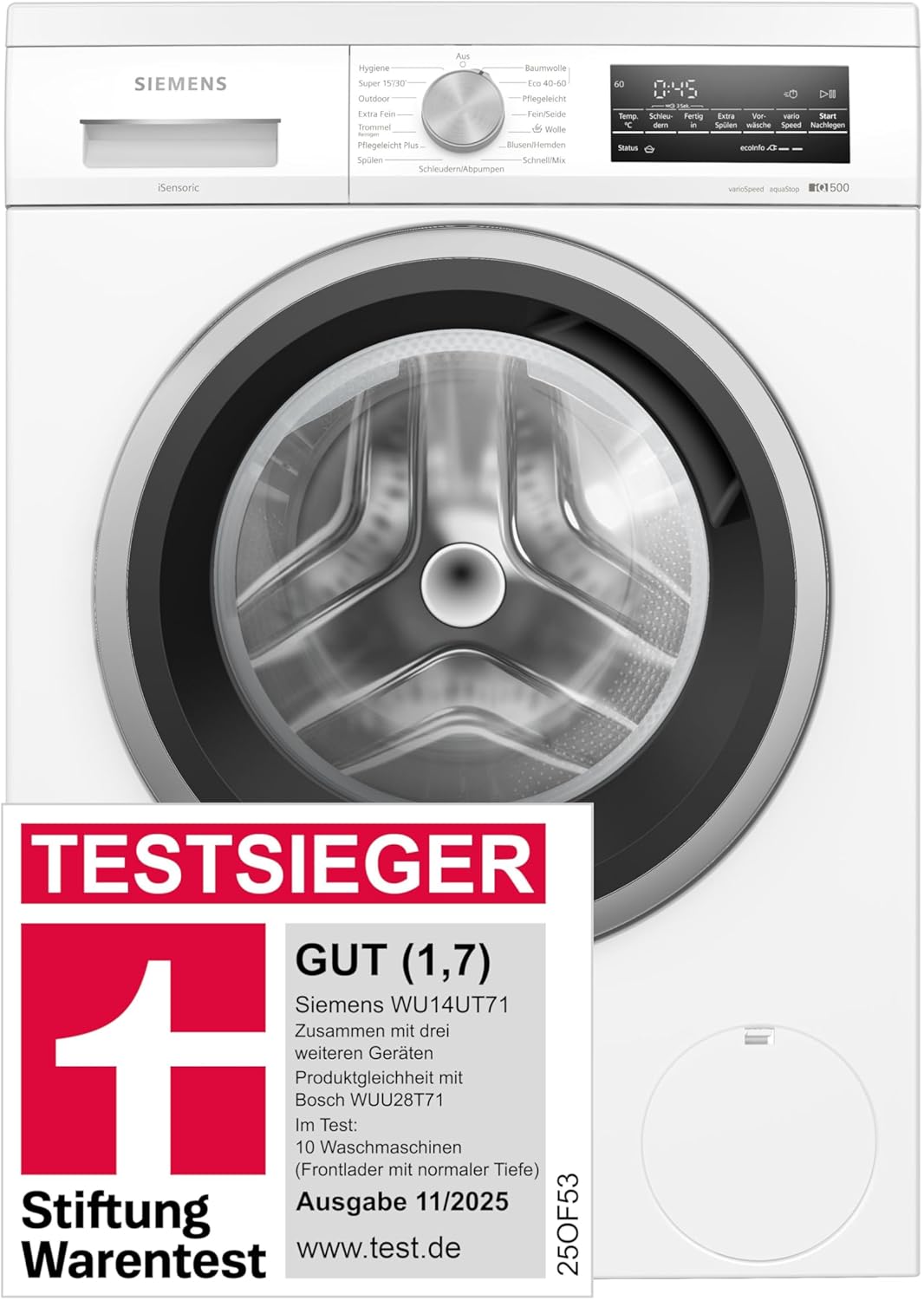 Siemens WU14UT71, Stiftung Warentest test winner, iQ500, under-unit washing machine 8 kg, 1400 rpm, anti-stain system, smartFinish for less ironing, quick washing with speedPack L, refill function