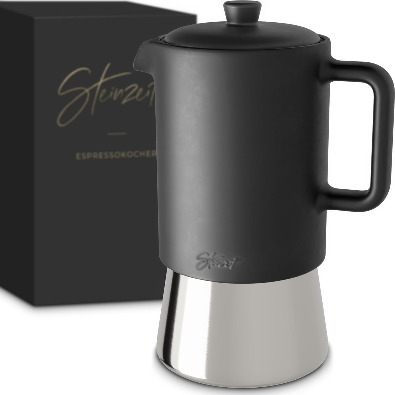 Steinzeit Stone Age Design Ceramic Espresso Maker (300 ml) - Espresso Maker Suitable for All Types of Cookers - Mocha Pot with Stainless Steel Base and Ceramic Jug - Espresso Maker Stainless Steel