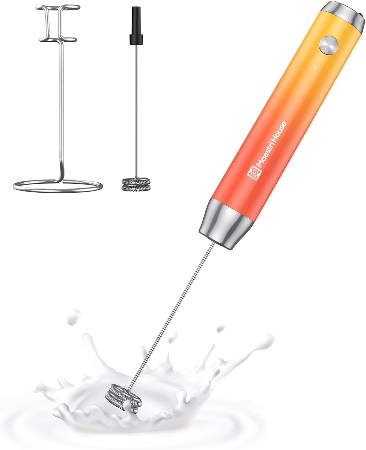 MaestriHouse Rechargeable Milk Frother Portable Electric Waterproof Removable Stainless Steel Whisk Drink Mixer Stand 2 Whisks (Gradient Orange) LunaFro