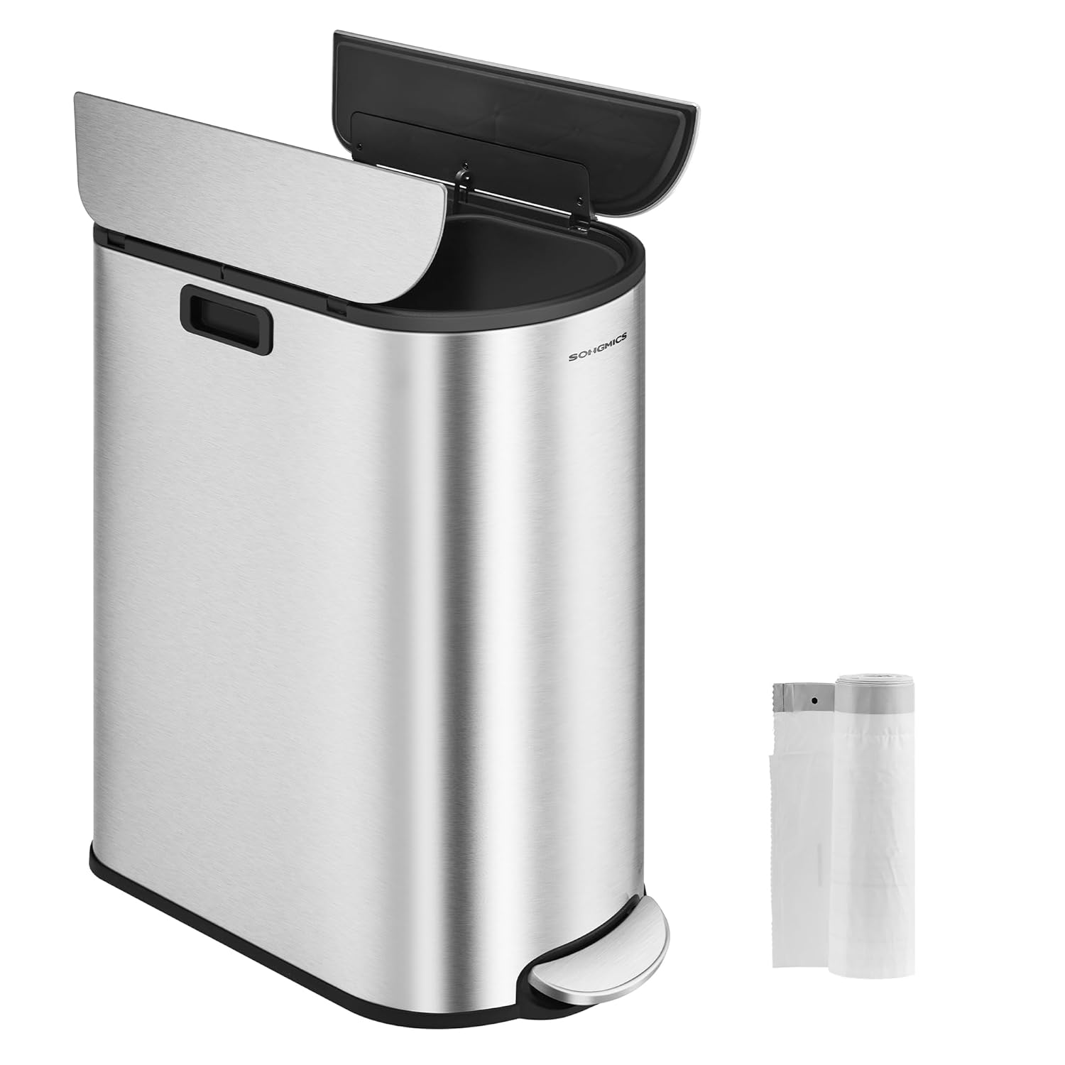SONGMICS Kitchen Waste Separation System, 2 Compartments, 30 L and 20 L, Narrow Waste Bin, Pedal Bin for Recycled Materials and Waste with 2-Piece Lid, Metallic Silver LTB570E50