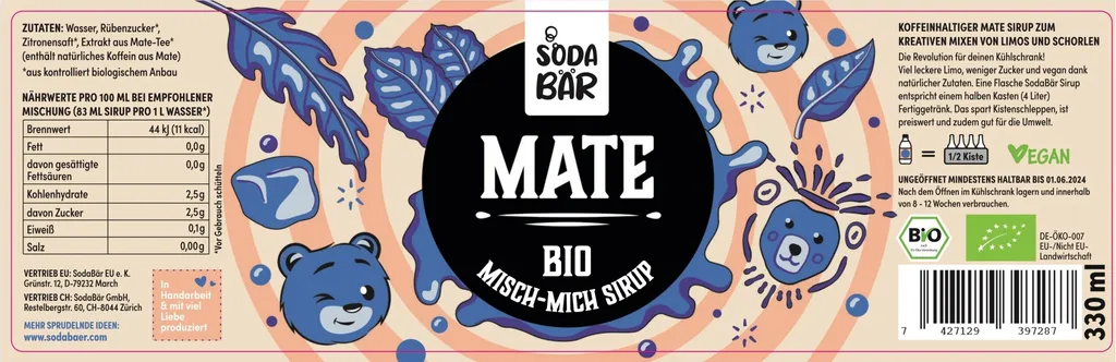 SodaBär Mate Syrup, 330 ml, Mate tea, water, beet sugar*, lemon juice*, mate tea extract* (contains natural caffeine from mate), 44 kcal, 11 kJ, 2.5 g