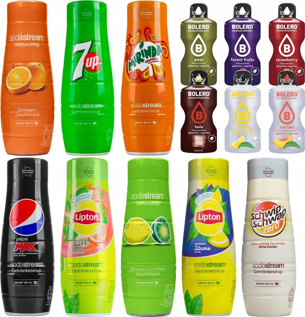 SodaStream beverage syrup soft drink (Lime, Lipton Iced Tea Lemon, Pepsi Max, Mirinda, Orange, Schwip Schwap Zero, Lipton Green Tea, 7UP) + Bolero (8-pack)