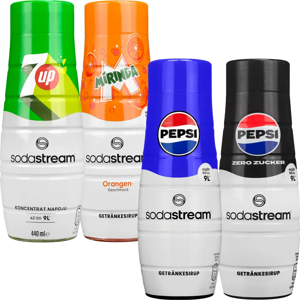 SodaStream beverage syrup soft drink Pepsi, Pepsi MAX, Mirinda, 7UP (pack of 4)