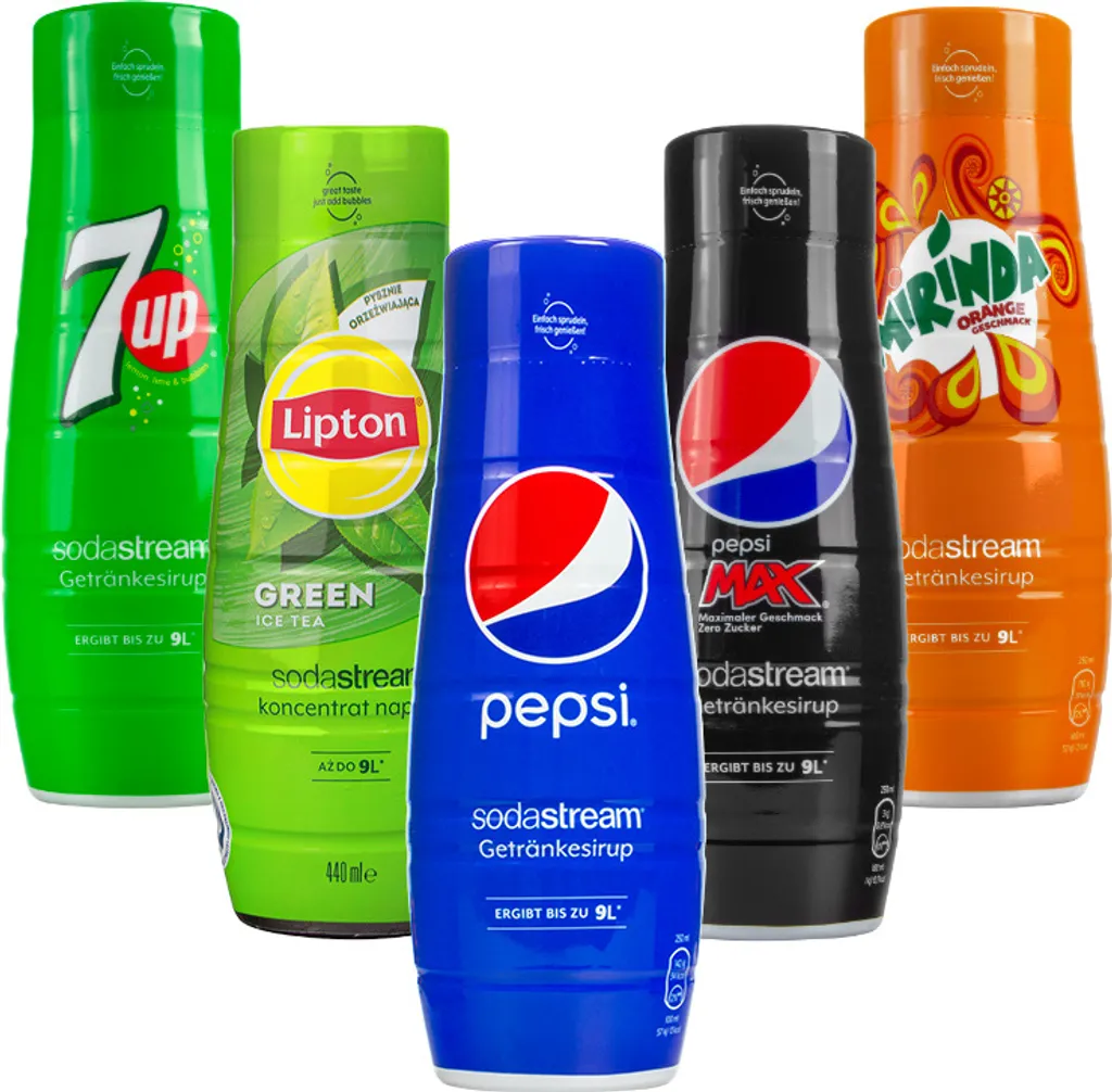 SodaStream Beverage Syrup Soft Drink Pepsi, Pepsi MAX, Mirinda, 7UP, Lipton Green Tea (Pack of 5)