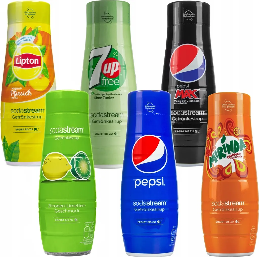 SodaStream Syrup Set (6 flavors): Pepsi, Mirinda, 7UP, Lipton Lemon Peach 440 ml