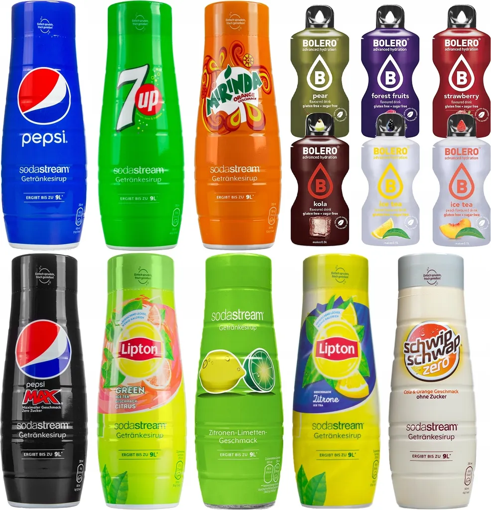 Sodastream Syrup Set 8x440ml Pepsi Lipton 7UP Mirinda Schwip Bolero Free