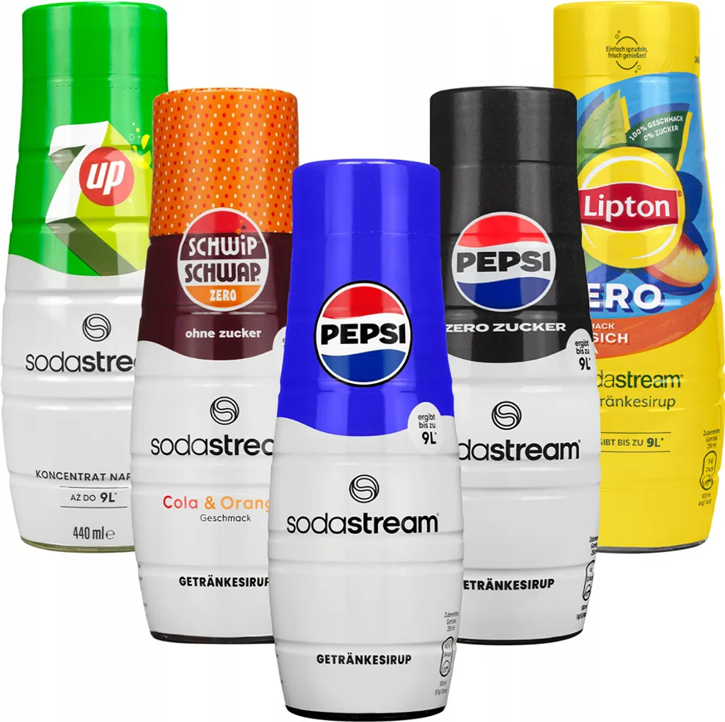 SodaStream water carbonator Pepsi syrup, Pepsi MAX, Lipton peach zero, 7UP, Schwip Schwap zero, 440ml, 5 pieces