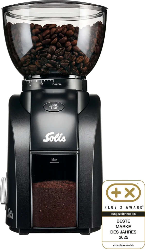 Solis coffee grinder, conical burr grinder, 300g capacity, 24 grind settings, timer, batch size