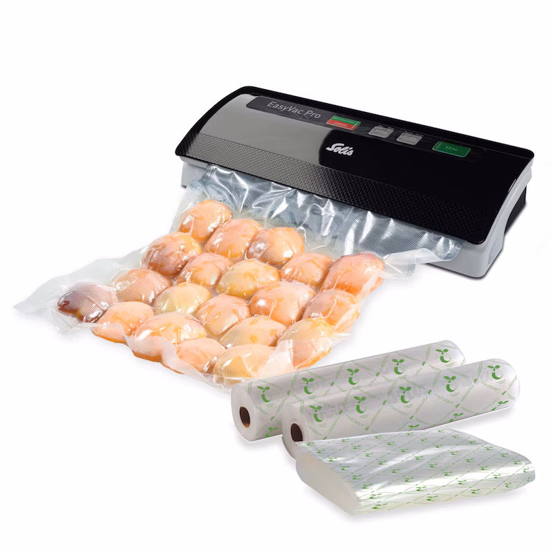 Solis vacuum sealer with vacuum hose, set including 68 bags & 2 rolls