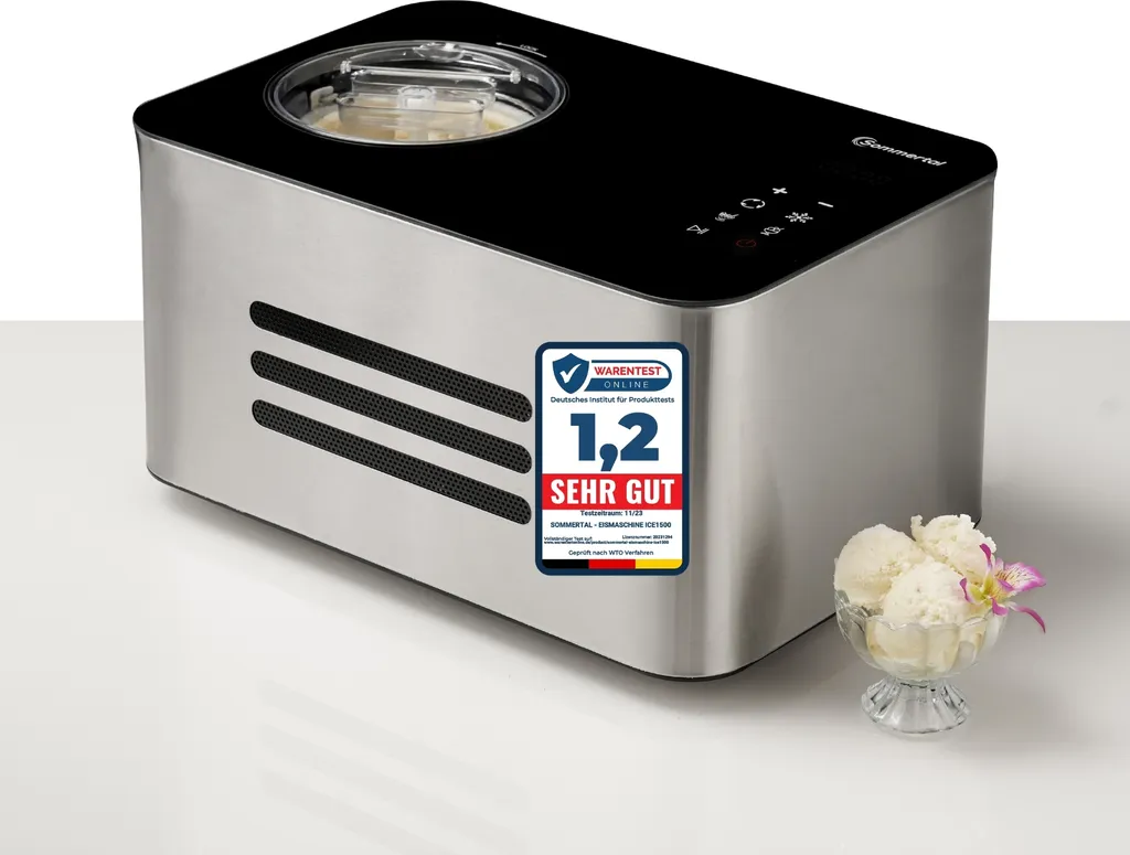 Sommertal Ice Cream Machine ICE1500 3-in-1 Ice Cream Maker, Milk Ice Cream & Sorbet Maker, Stainless Steel Ice Cream Machine with Keep-Cool Function, Homemade Ice Cream, 1.5L, 150W with Compressor