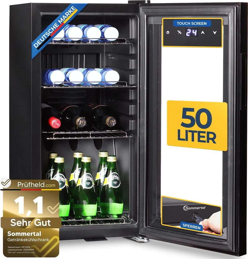 Sommertal GK 50 Refrigerator – Quiet Beverage Refrigerator with LED, Touchscreen & Lock, Small Bottle Cooler, Black, 50L