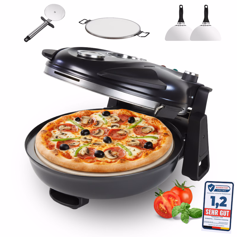 Sommertal PizzaProfi Pizza Oven, 32cm Pizza Stone, Fast 3-Minute Pizza, 5-Piece Set with 2 Pizza Peels, Pizza Cutter