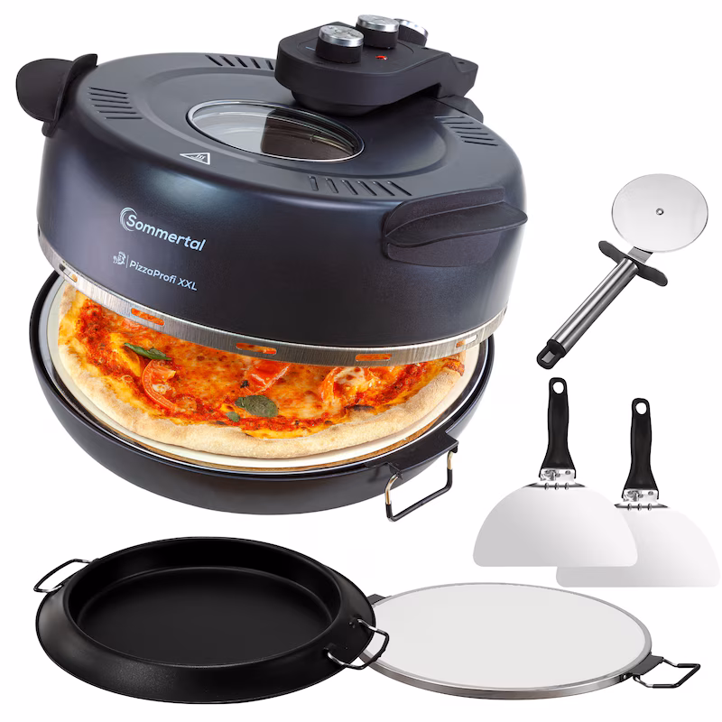 Sommertal PizzaProfi XXL Pizza Oven with 39cm Stone Plate, Electric Pizza Oven, Fast 3-Minute Pizza, up to 380°C, 5-Piece Set with Pan Insert