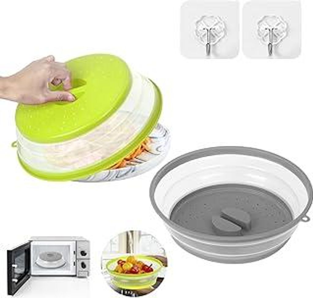 Akhan Sosayet 2 in 1 Collapsible Plastic Pasta Colander - 2 Pieces Microwave Cover with Hooks - Microwave Hood Strainer with Steam Holes for Pasta, Fruit, Vegetables (Green+Grey)