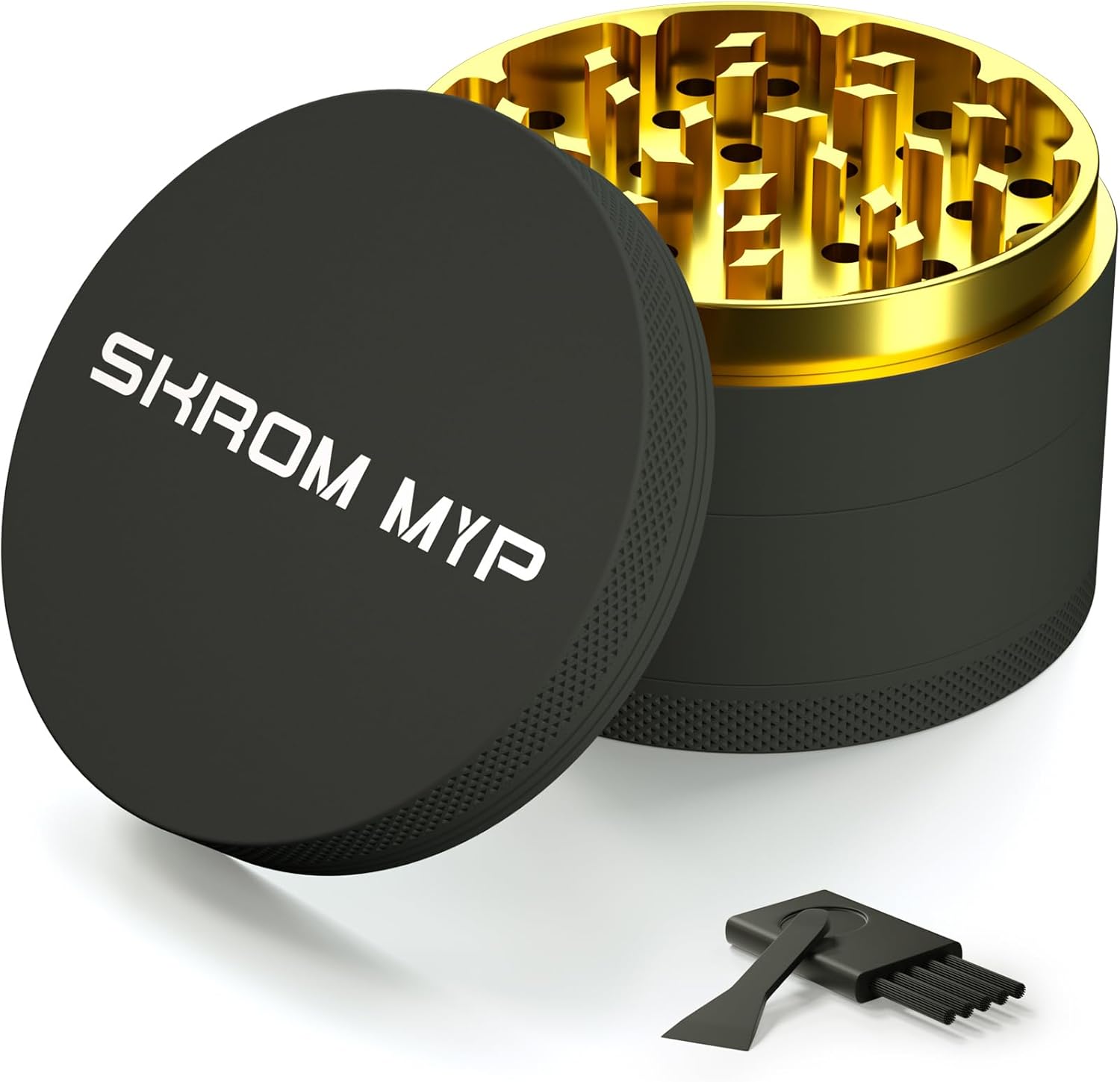 Grinder Crusher 4-Piece Set Diameter 75 mm Large Size Mill Aluminum Alloy with Pollen Scraper for Spice Herbs Spices Herb (Black/Gold)