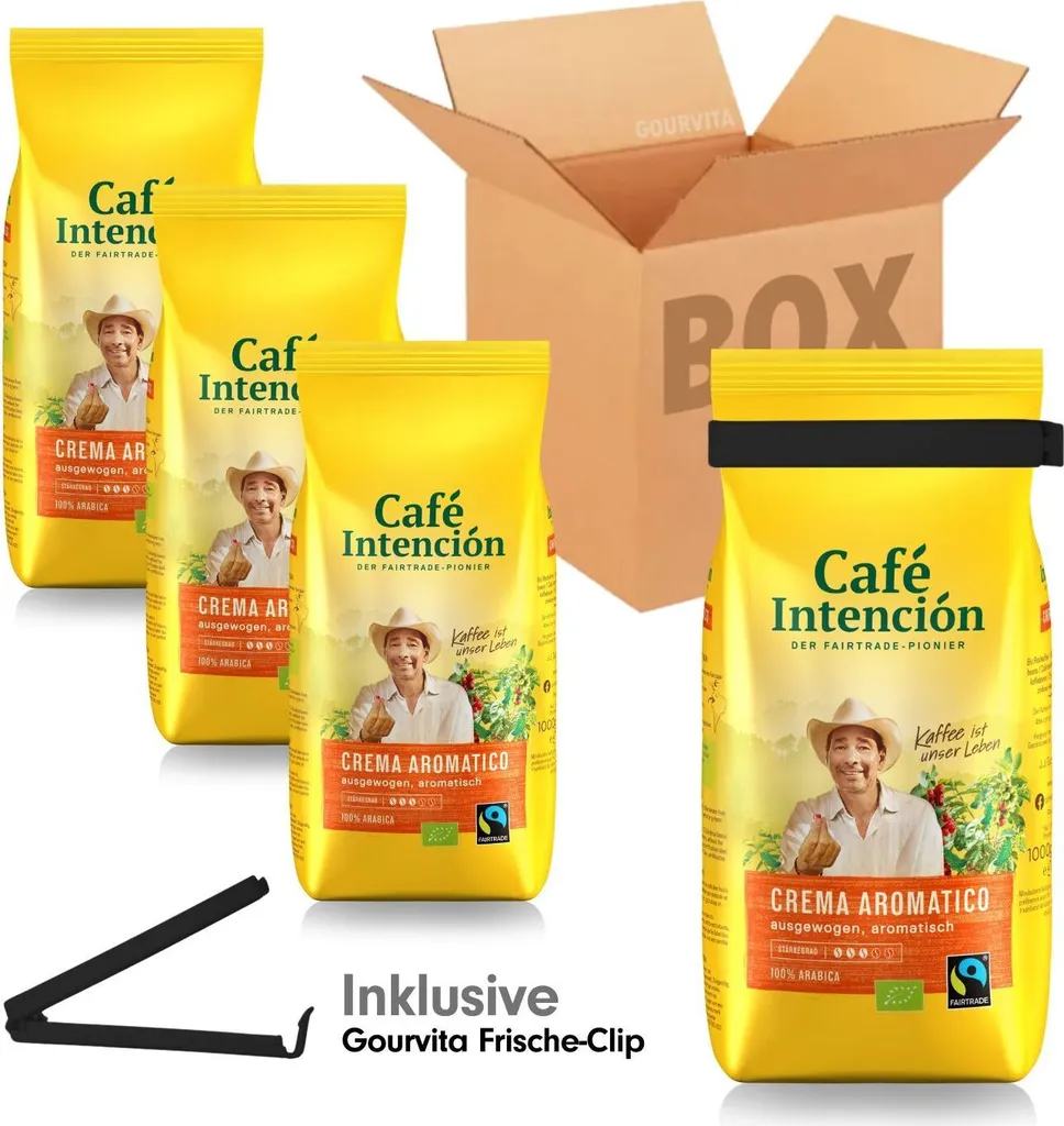 SAVINGS BOX Café Intención Crema Aromatico + free Gourvita freshness clip, 4x1000g beans