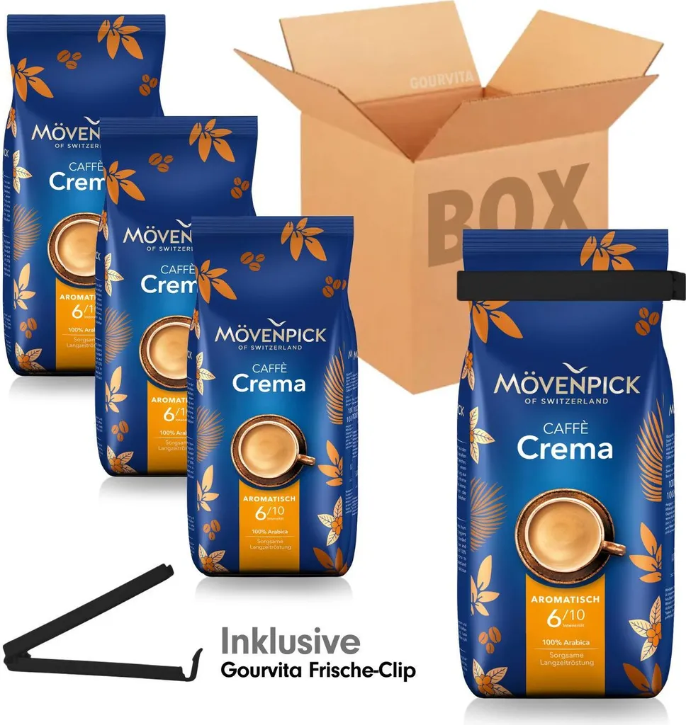 SAVINGS BOX Mövenpick Caffè Crema + free Gourvita Freshness Clip, 4 x 1000g beans