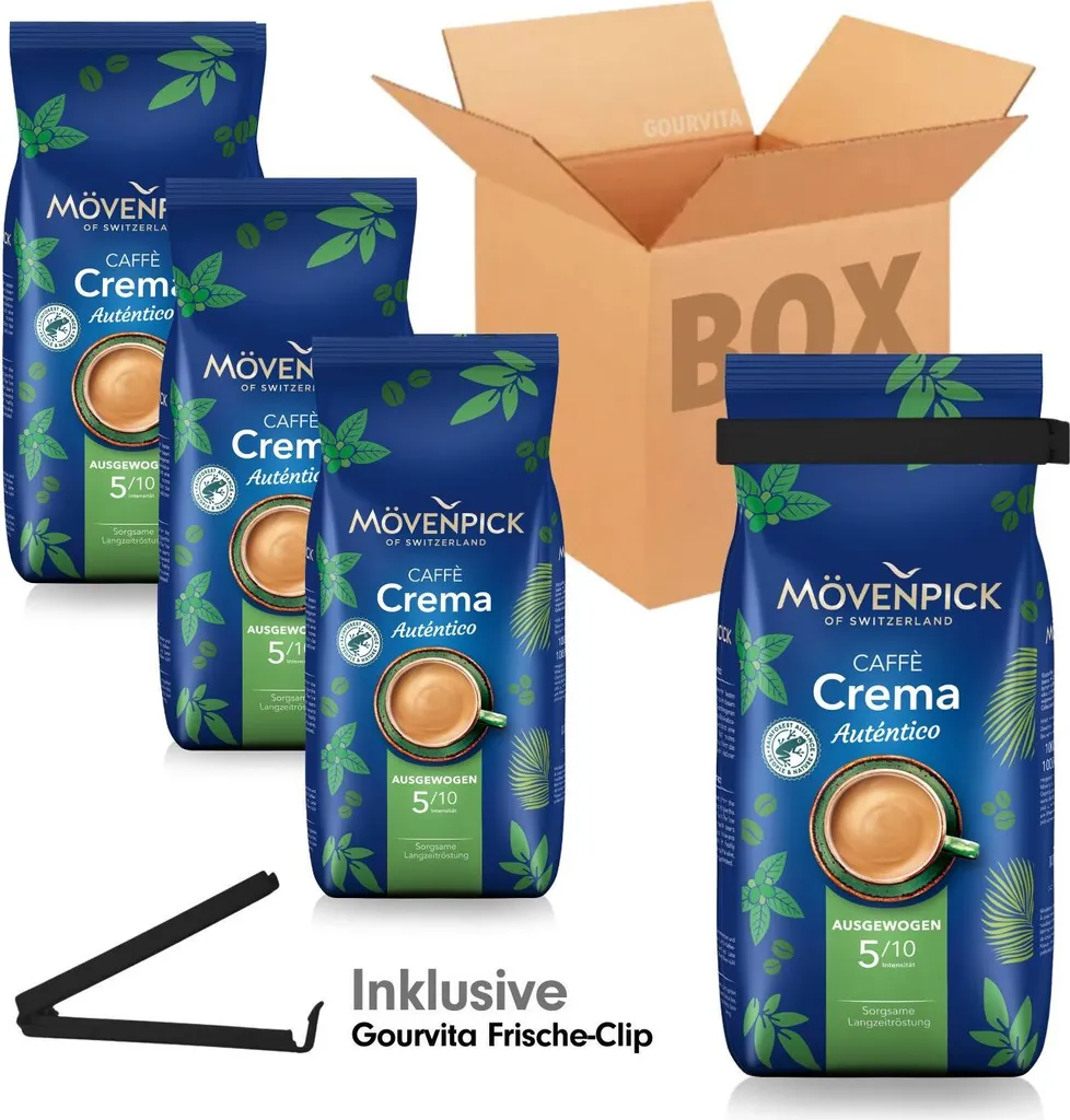 SAVINGS BOX Mövenpick Crema Auténtico + free Gourvita Freshness Clip, 4 x 1000g beans 4000g