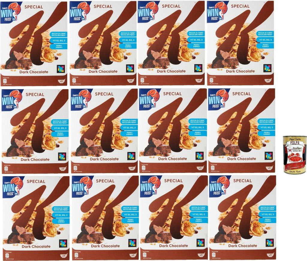 Kellogg Special K Dark Chocolate Cereals Dark Chocolate Rice Flakes Whole Grain Wheat and Barley with Vitamins and Minerals with Chocolate Curls 12x 290g Cereal Flakes + Italian Gourmet Polpa 400g
