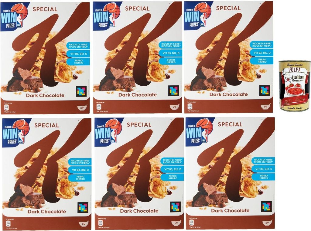 Kellogg Special K Dark Chocolate Cereals Dark Chocolate Rice Flakes Whole Grain Wheat and Barley with Vitamins and Minerals with Chocolate Curls 6x 290g Cereal Flakes + Italian Gourmet Polpa 400g