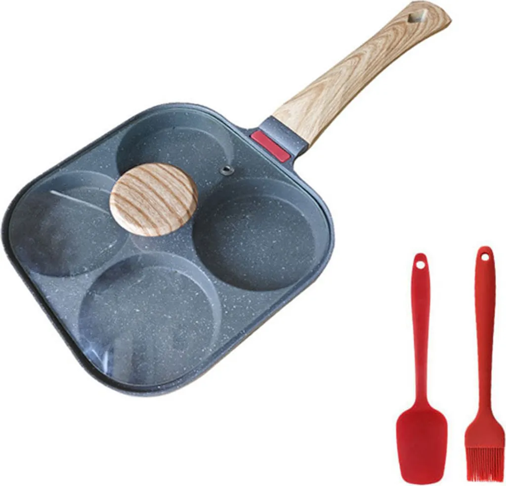 BundiGlassware Egg frying pan, pancake pan with lid, 4-hole eyelet pan, non-stick aluminum pan for breakfast, for induction & gas hobs