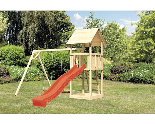 Karibu AKUBI Lotti play tower with sandpit, double swing and red slide