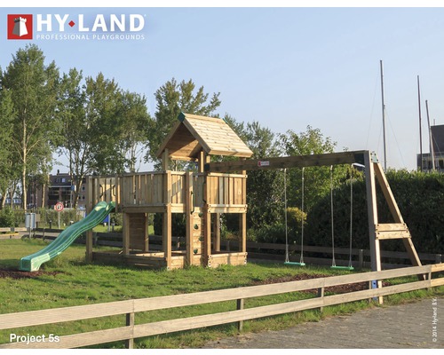HY-LAND Hyland Project 5S wooden play tower with sandpit, double swing, green slide