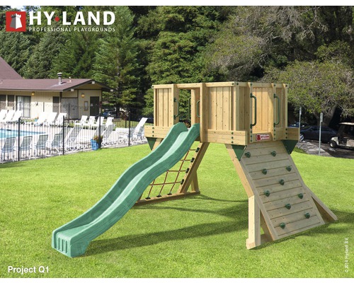 HY-LAND Hyland Project Q1 wooden play tower with climbing wall, green slide