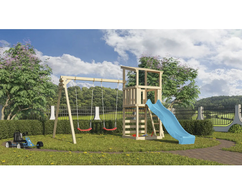 Play tower Karibu playhouse 107 x 107 cm wood consisting of slide, 2 board swings, climbing wall