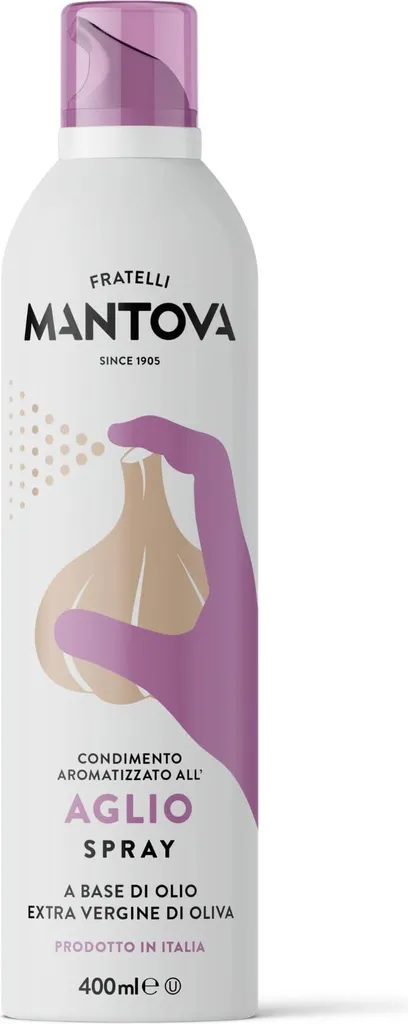 Fratelli Mantova SPRAYLEGGERO Extra Virgin Olive Oil Flavored with Garlic 400 ml - the practical spray bottle allows you to save up to 90% of the oil. 400 ml
