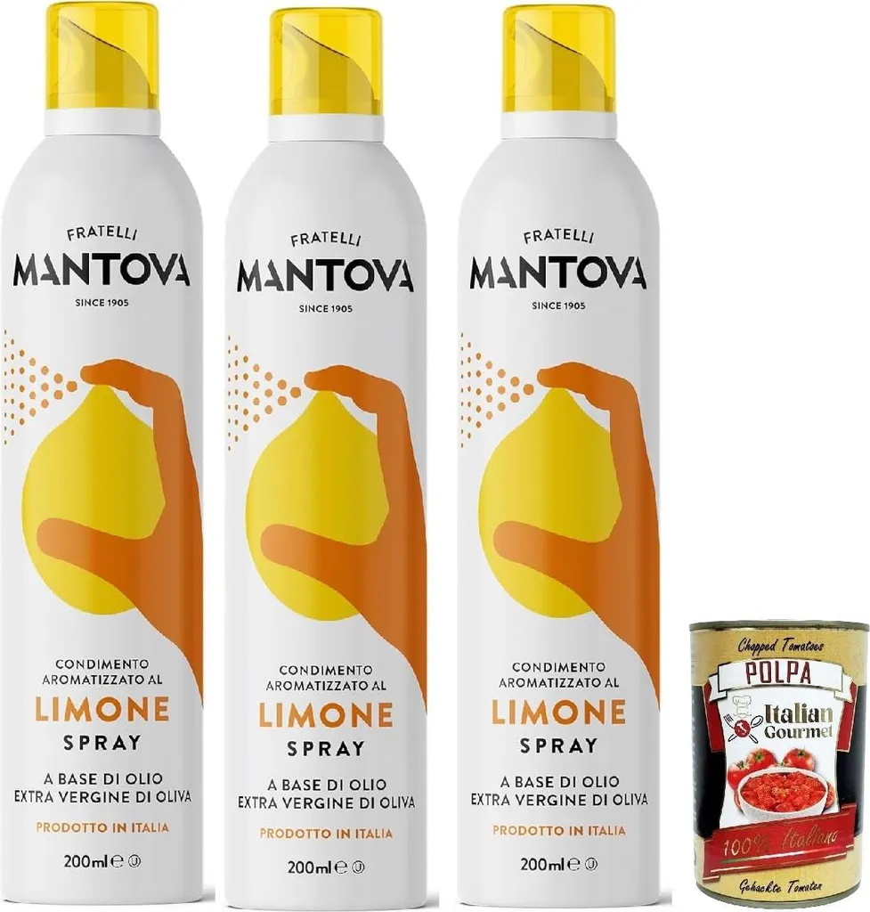 Fratelli Mantova SPRAYLEGGERO Extra Virgin Olive Oil Flavored with Lemon 3 x 200 ml - the practical spray bottle allows you to save up to 90% of the oil + Italian Gourmet polpa 400g 1150 ml