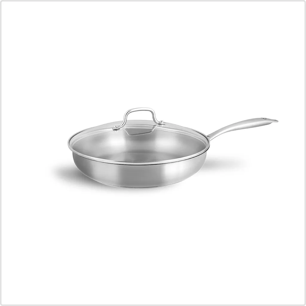 SPRINGLANE Stainless Steel Professional Frying Pan 28 cm with Glass Lid, Induction Compatible, Uncoated Stainless Steel Pan, Oven Safe